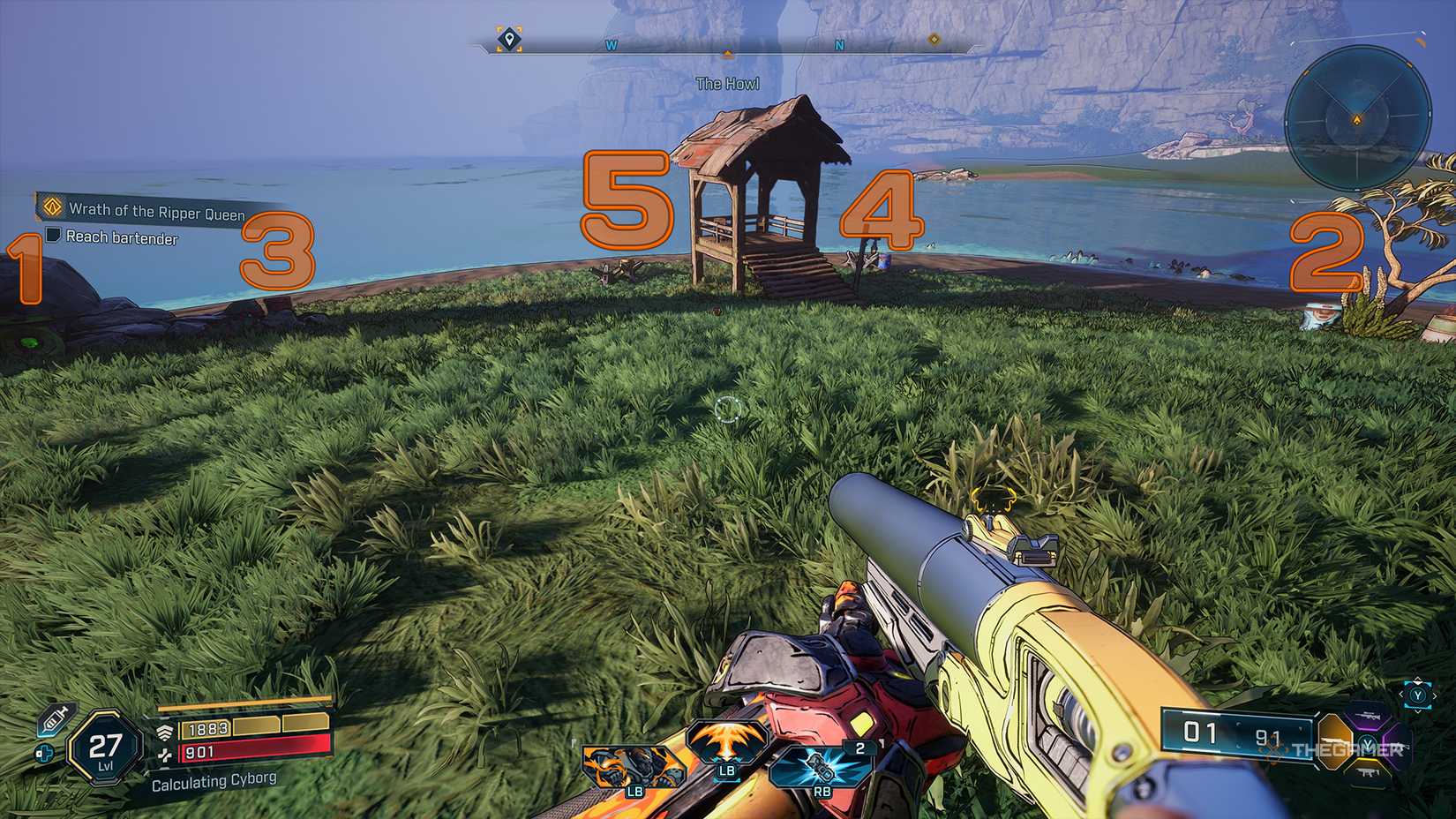Borderlands 4 five elemental barrels on the coast, with each marked by a large orange number signifying what order to shoot them in.