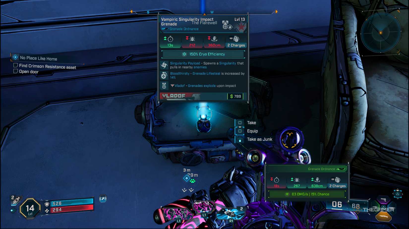 The player looking at a crate with a Grenade Mod in it in Borderlands 4. In front of the mod is the infromation card showing the player all the details of mod.