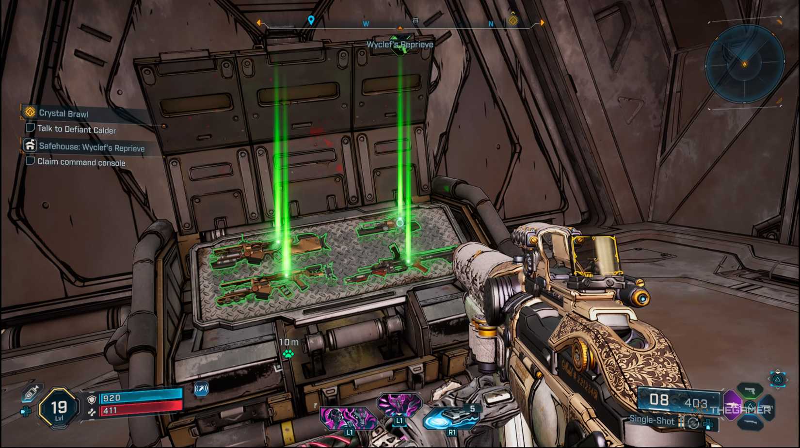 The player looking a guns inside of the pod in Borderlands 4.