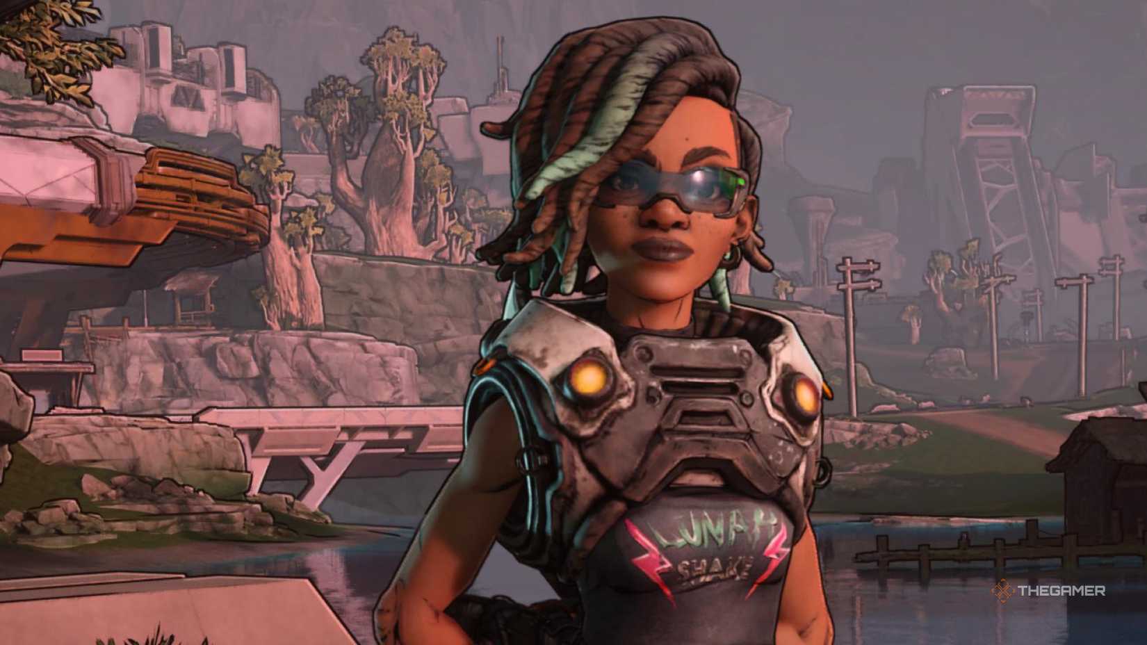 harlowe the gravitar wears protective gear over a maliwan top on the title screen of Borderlands 4.