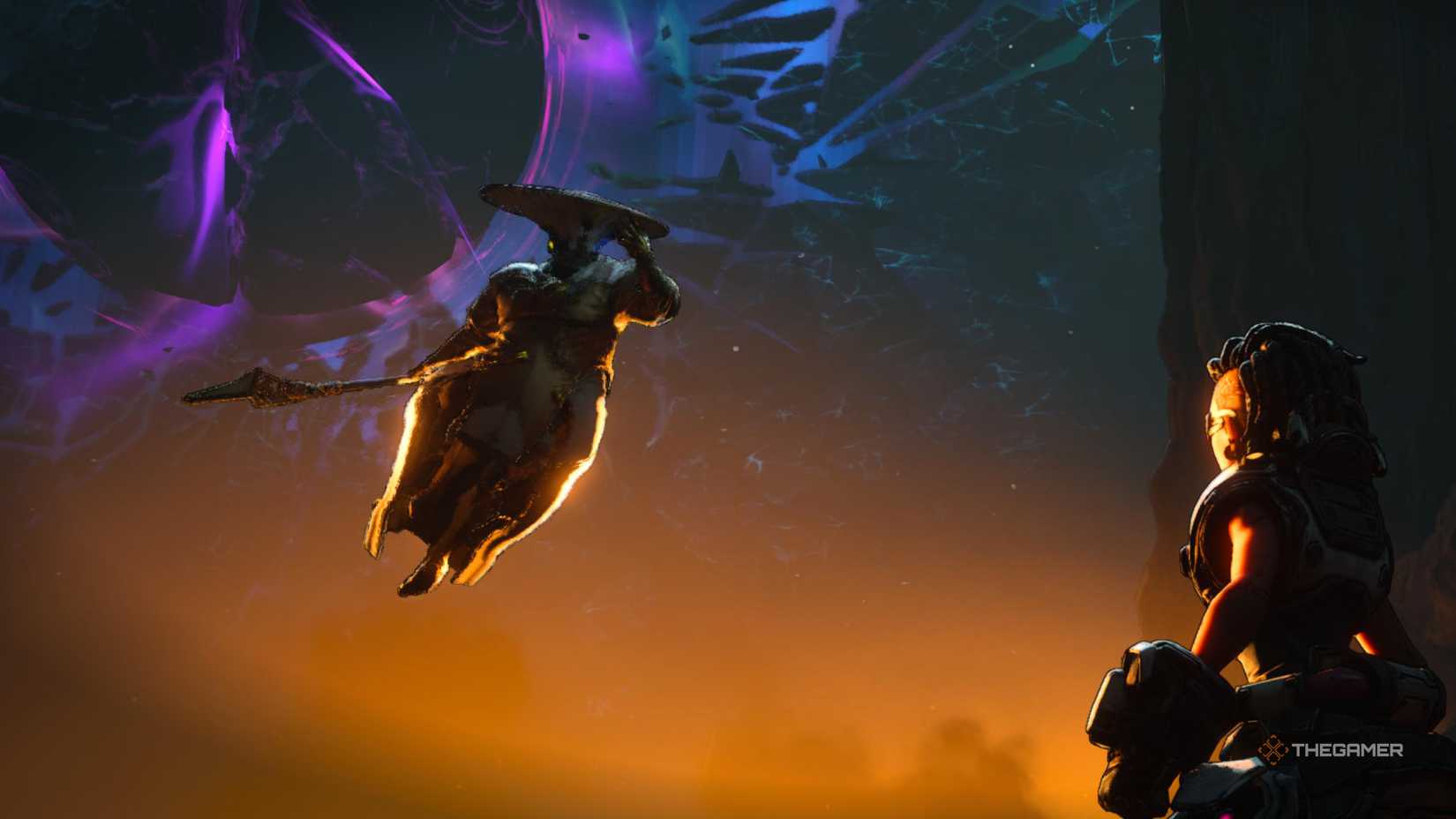 warden scathe attacks harlowe with the invader moon in the background in borderlands 4.