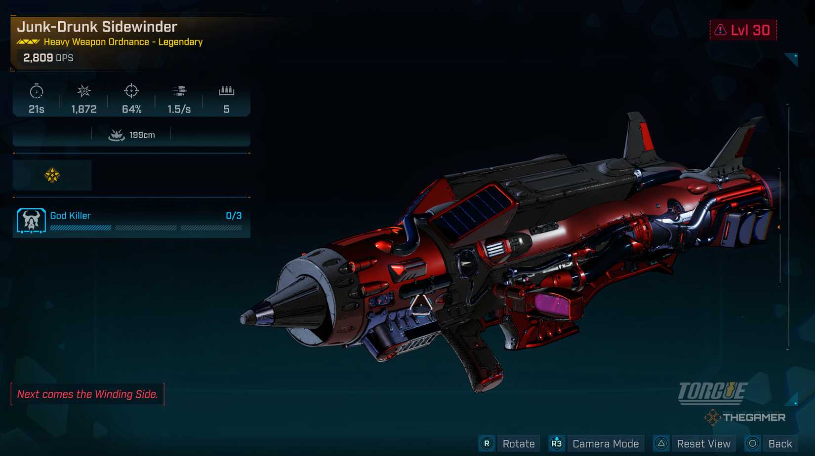 The player inspecting a Heavy Weapon Ordnance in the menu of Borderlands 4. 