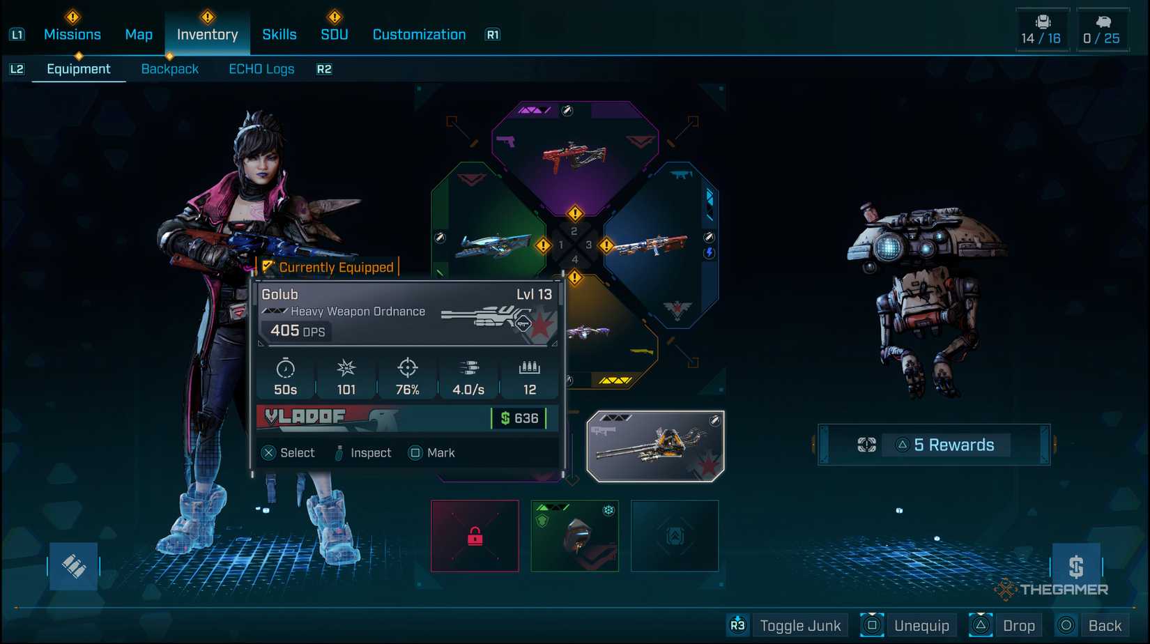 The player in the character menu selecting the Heavy Weapon in the Ordnance Slot in Borderlands 4. 