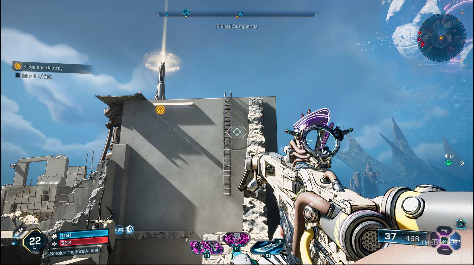 The player looking at a ladder with the shield switch on the top left of the ladder in Borderlands 4.