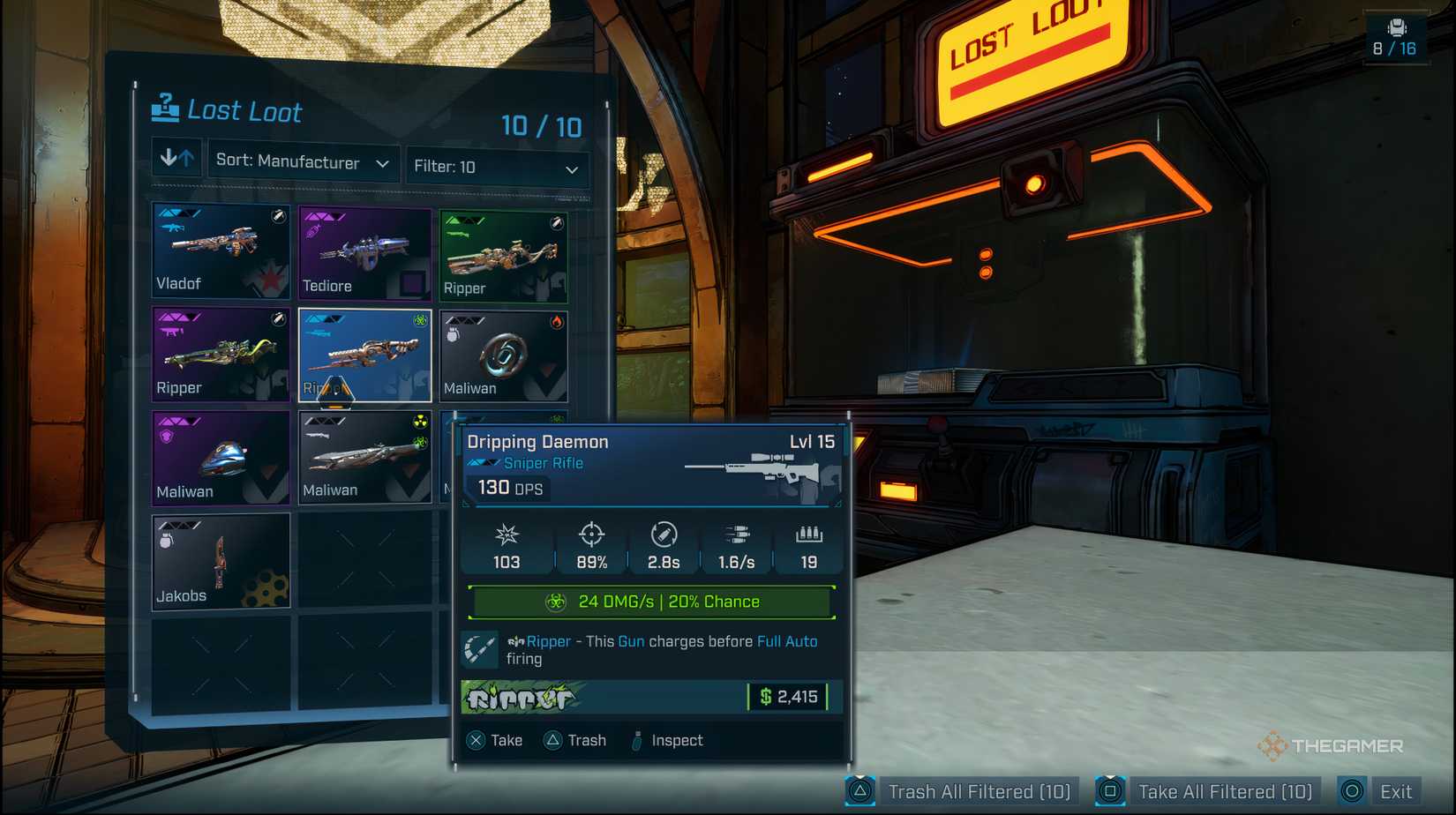 The player looking at a Lost Loot Machine's inventory menu with a gun selected in Borderlands 4. 