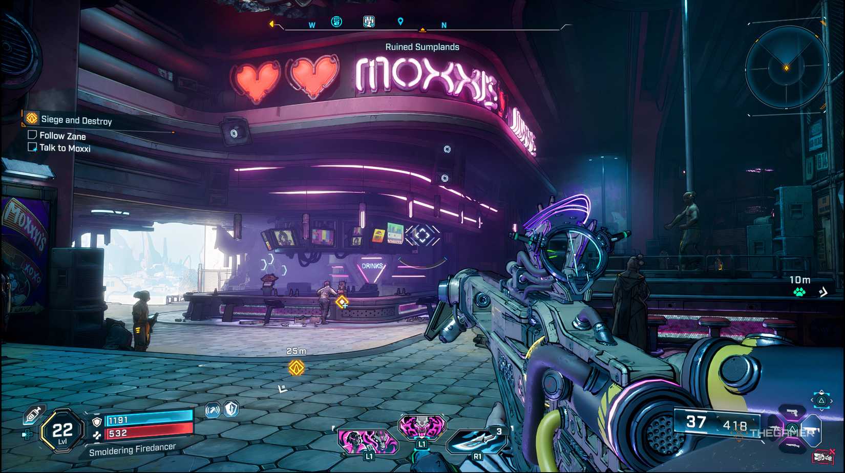 The player looking at the front of Moxxi's bar in Borderlands 4. 