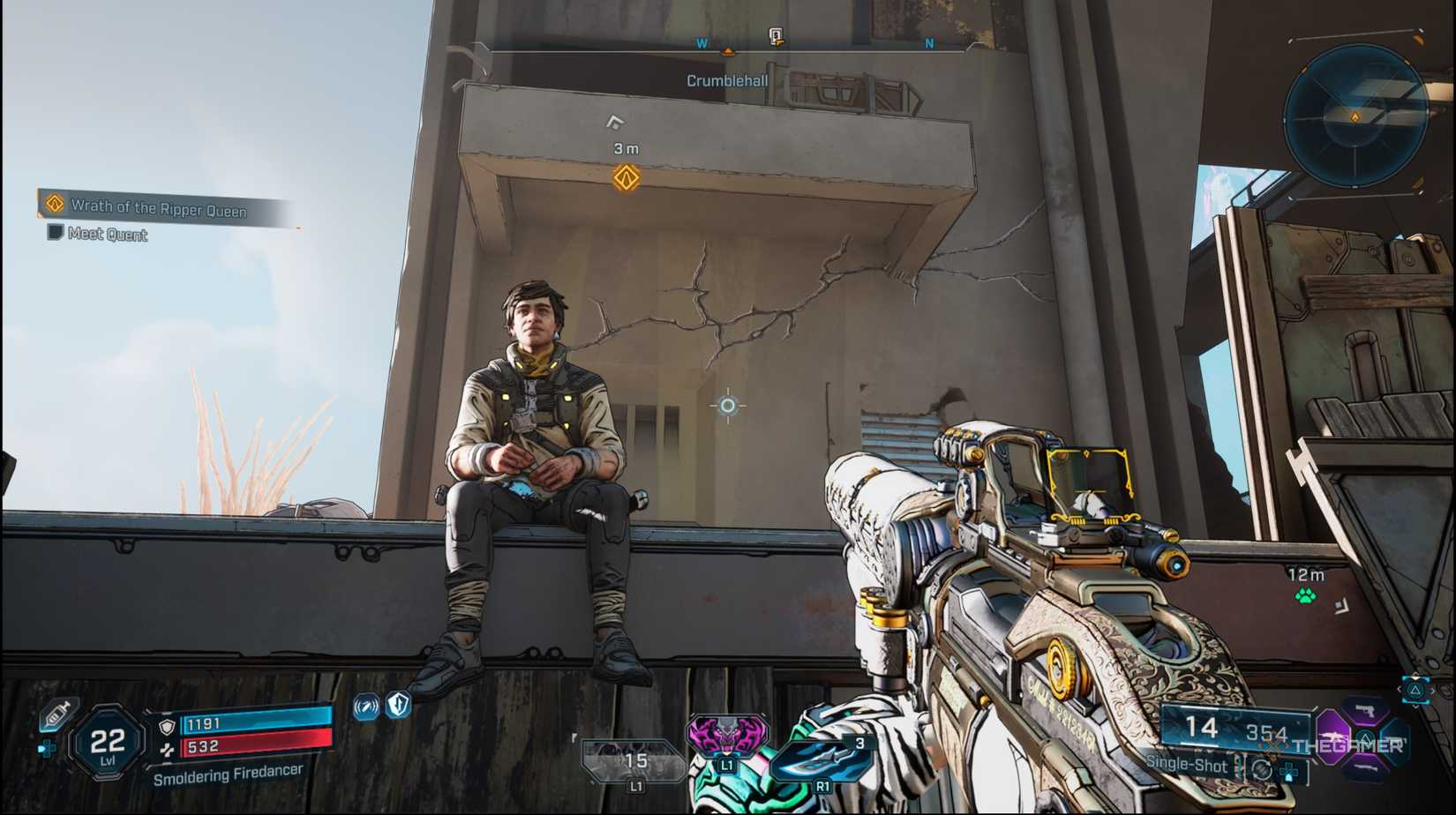 The player looking at Quent who is sitting down in Borderlands 4.