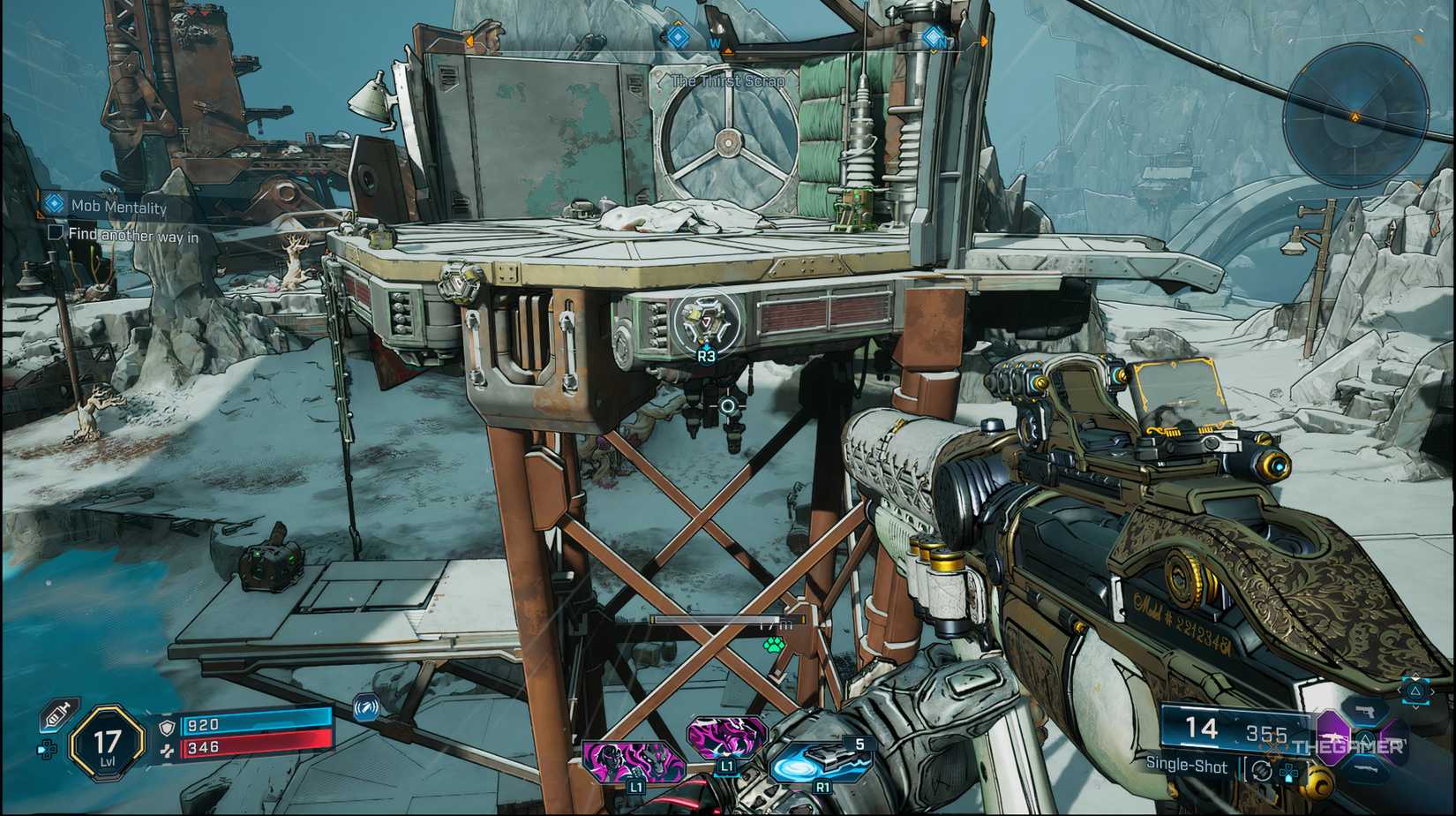 The player midjump about to grapple to a grapple point in Borderlands 4.