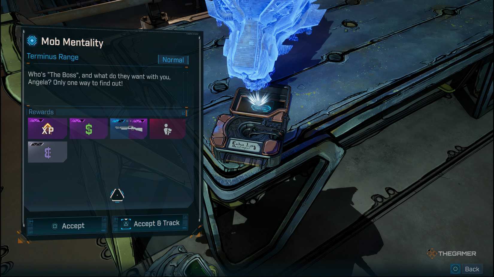 The player interacting with blue holographic wolf mask in Borderlands 4.