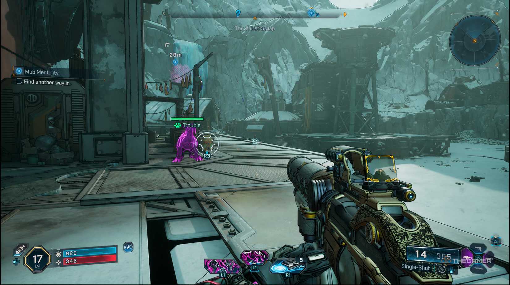 The player looking at Trouble with mountains in the background in Borderlands 4.