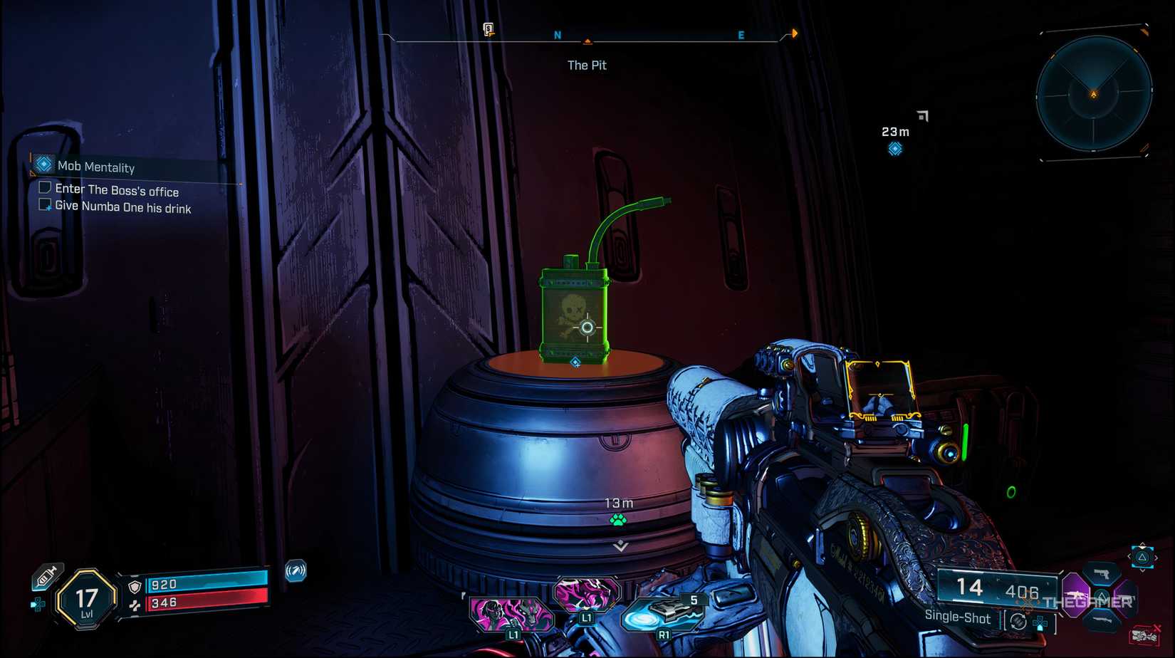 The player about to grab Numba One's drink from behind the bar in Borderlands 4.