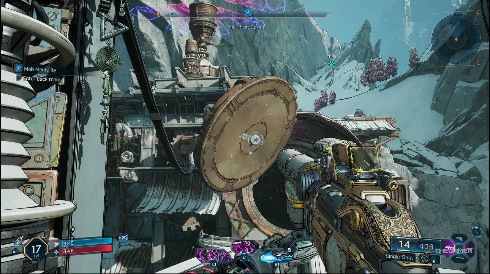 The player looking at a grapple point on an open latch door in Borderlands 2.