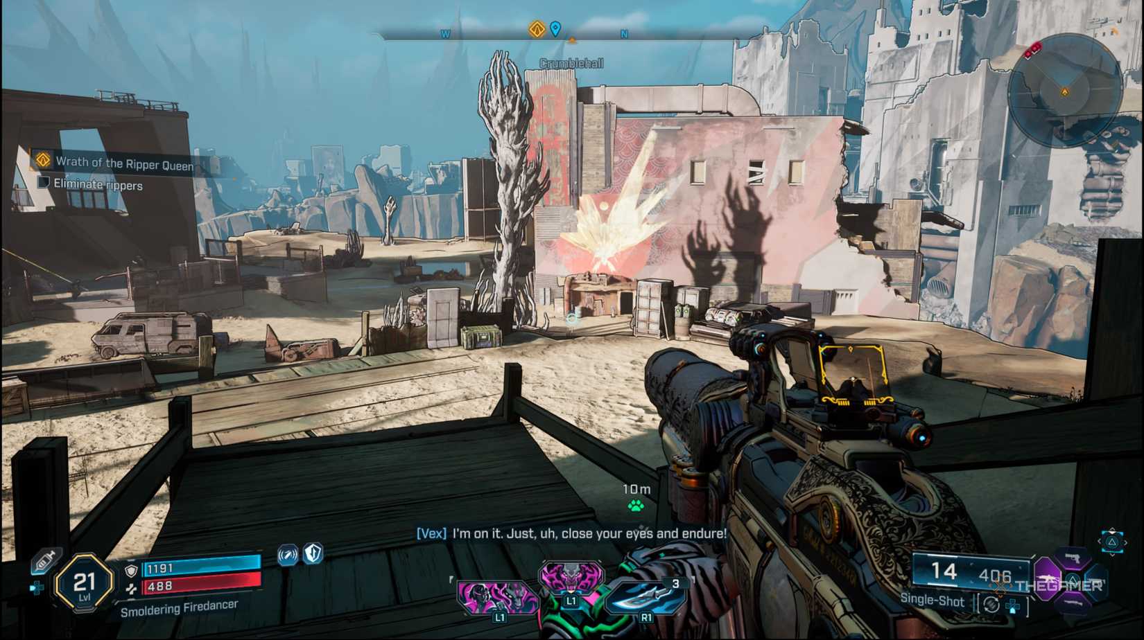 The player looking at a large building in an open space in Borderlands 4. 