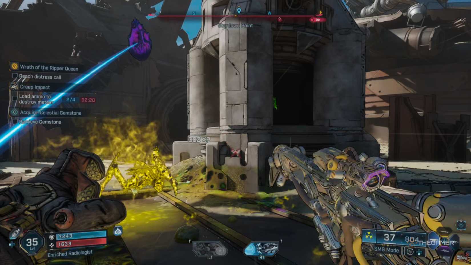 harlowe grabs a piece of ore out of the air with the grapple grabber in borderlands 4.
