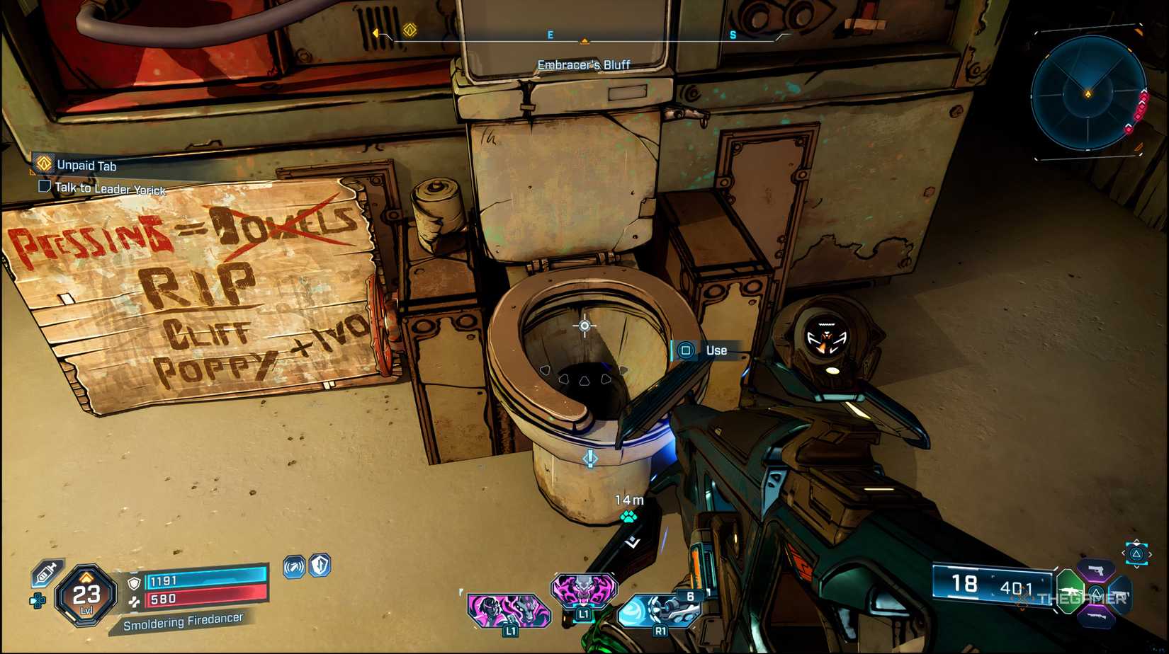 The player standing over the robotic toilet in Borderlands 4. There is a prompt telling them to use the toilet.