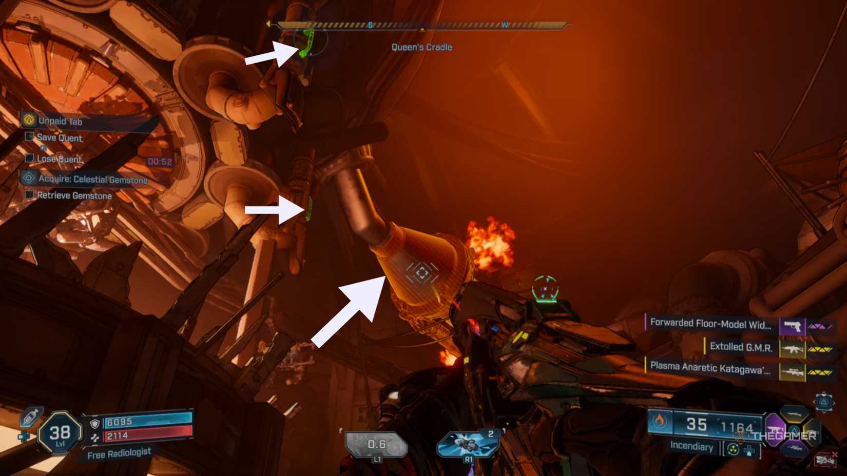 superimposed arrows show the pipes and handles to look for to save quent in borderlands 4.