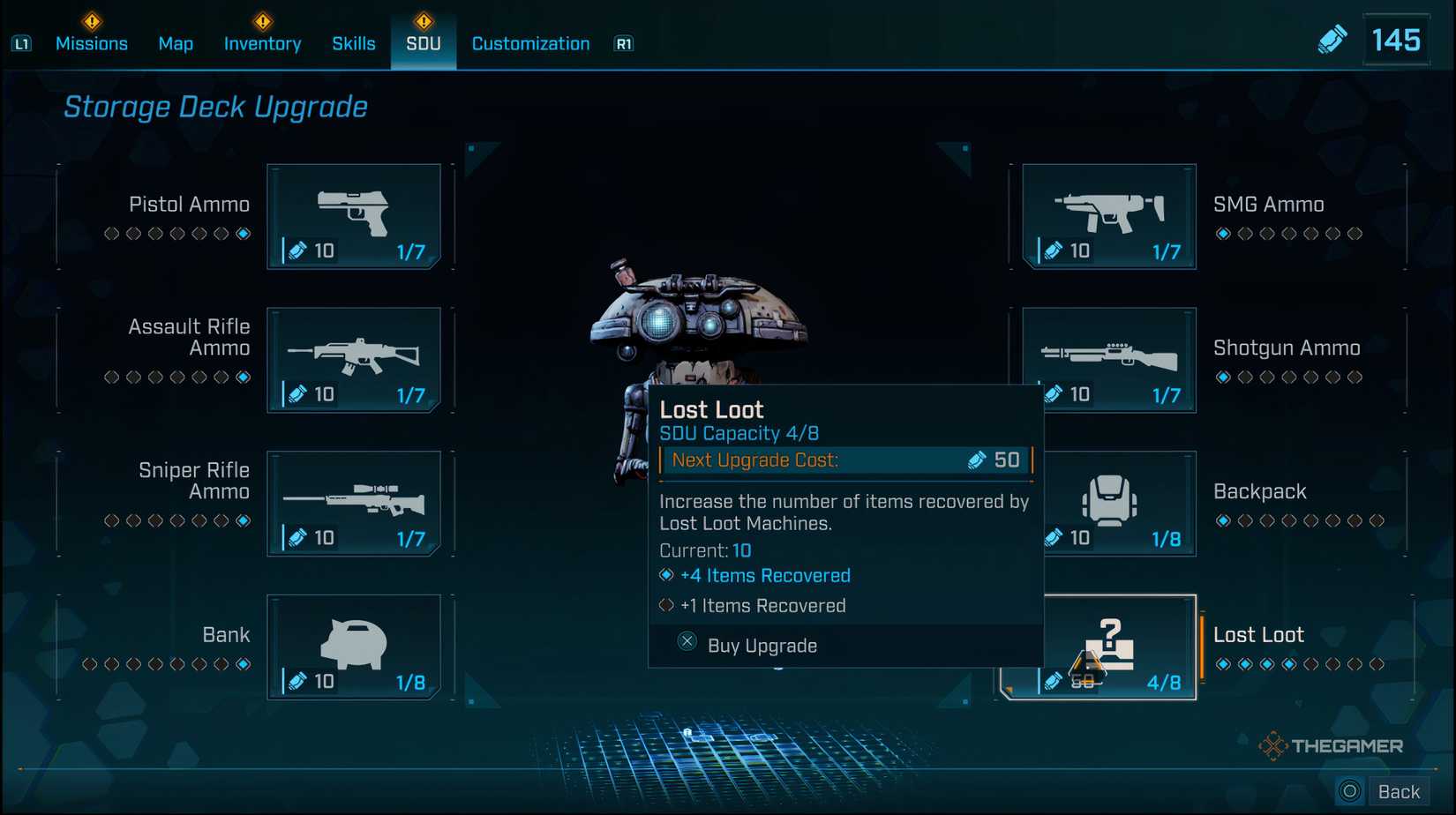 The player in the SDU Upgrade menu with the Lost Loot upgrade selected on the bottom right in Borderlands 4.