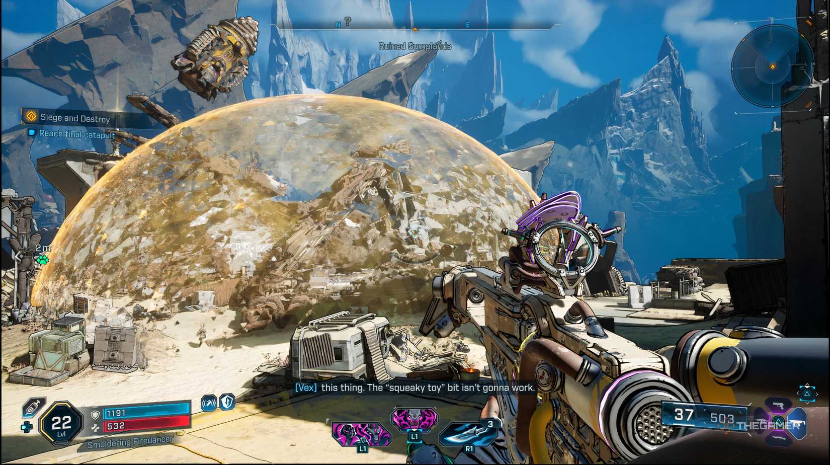 The player at the third catapult which is covered in yellow-gold sheild in Borderlands 4.