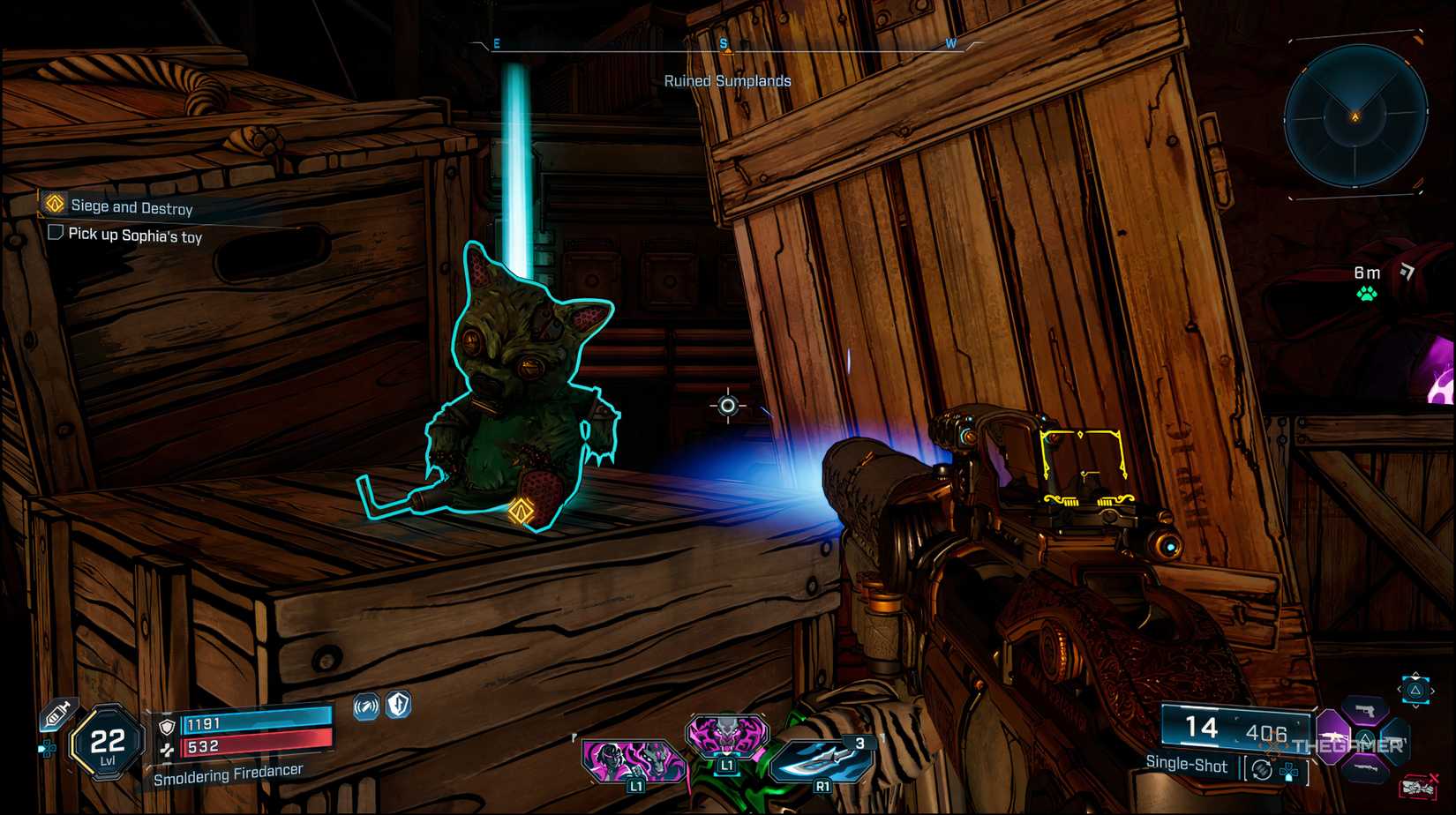 The player looking at Sophia's chew you toy on a box in Borderlands 4.