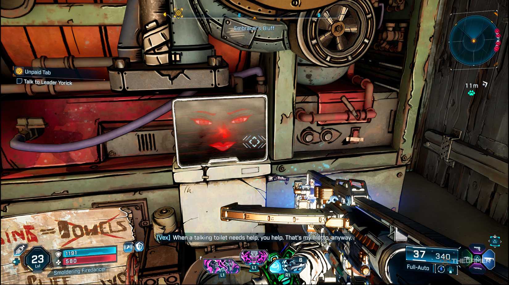 The player talking to GenIVIV on top of the toilet in Borderlands 4.