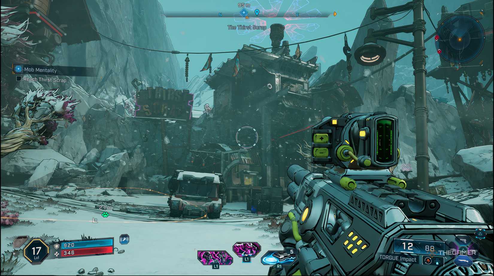 The player outside of The Thirst Scrap in Borderlands 4. 