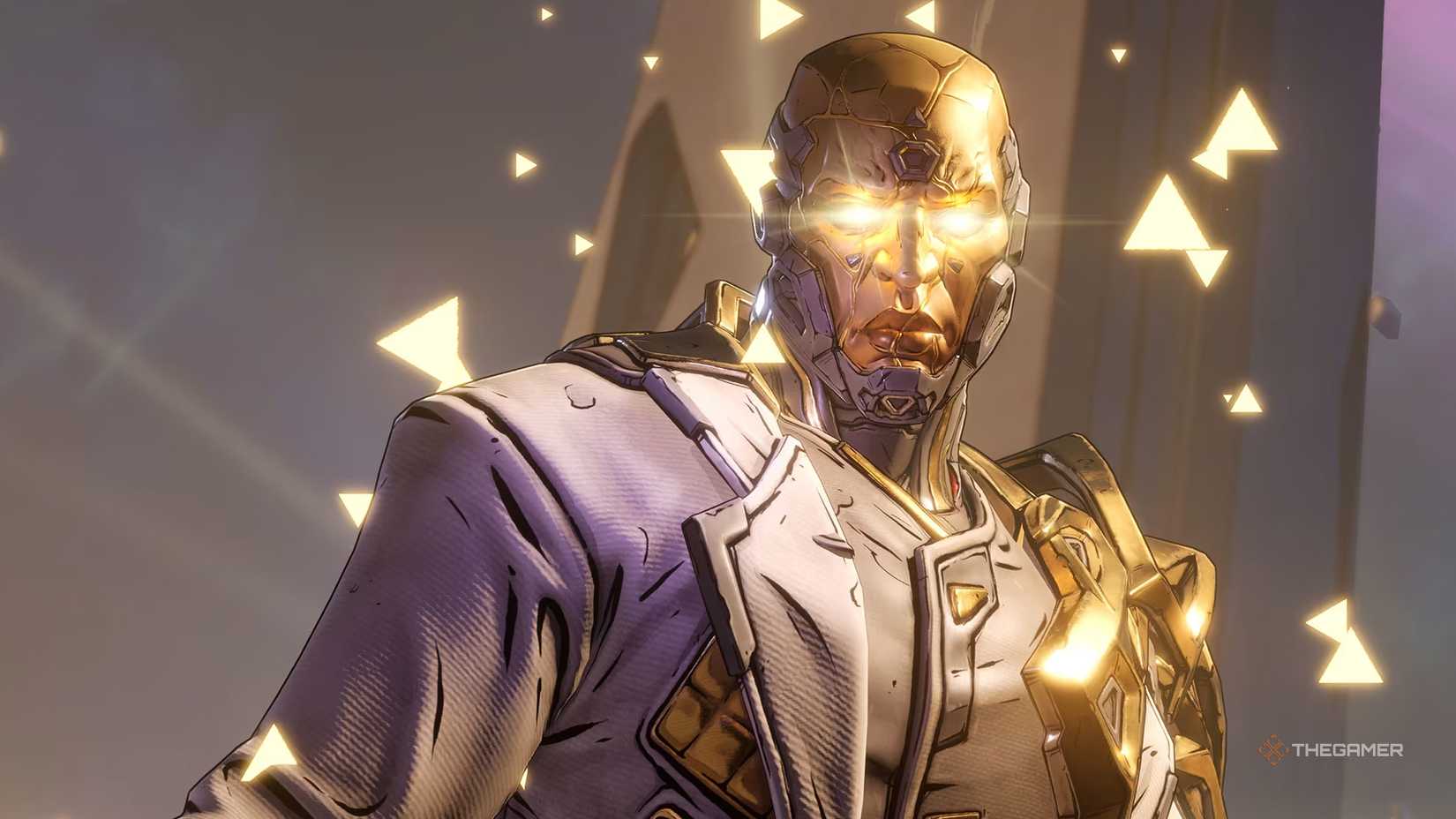 Borderlands 4 Timekeeper with glowing golden eyes, surrounded by floating golden triangles.