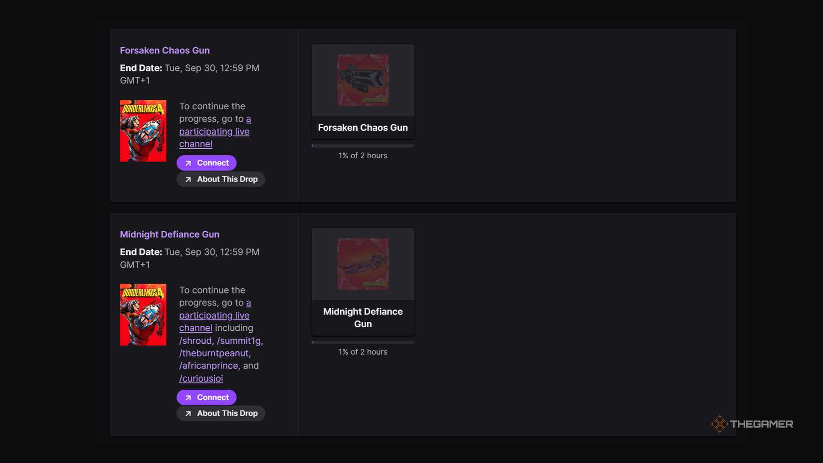Borderlands 4 Twitch Drops progress, showing 1% on the Forsaken Chaos and Midnight Defiance guns.
