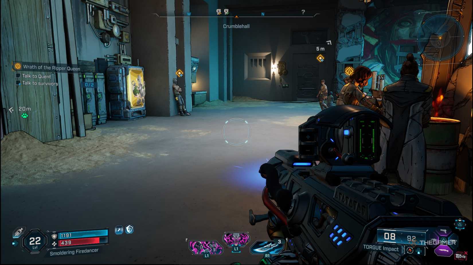 The player looking at the two survivors with Quent standing near his desk in Borderlands 4.