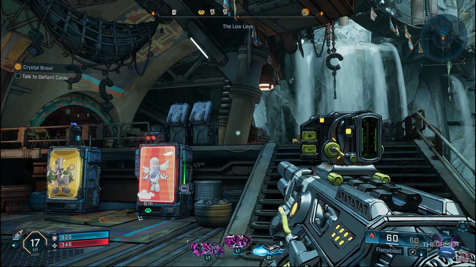 The player looking at two vending machines with the stairs left of them in Borderlands 4.