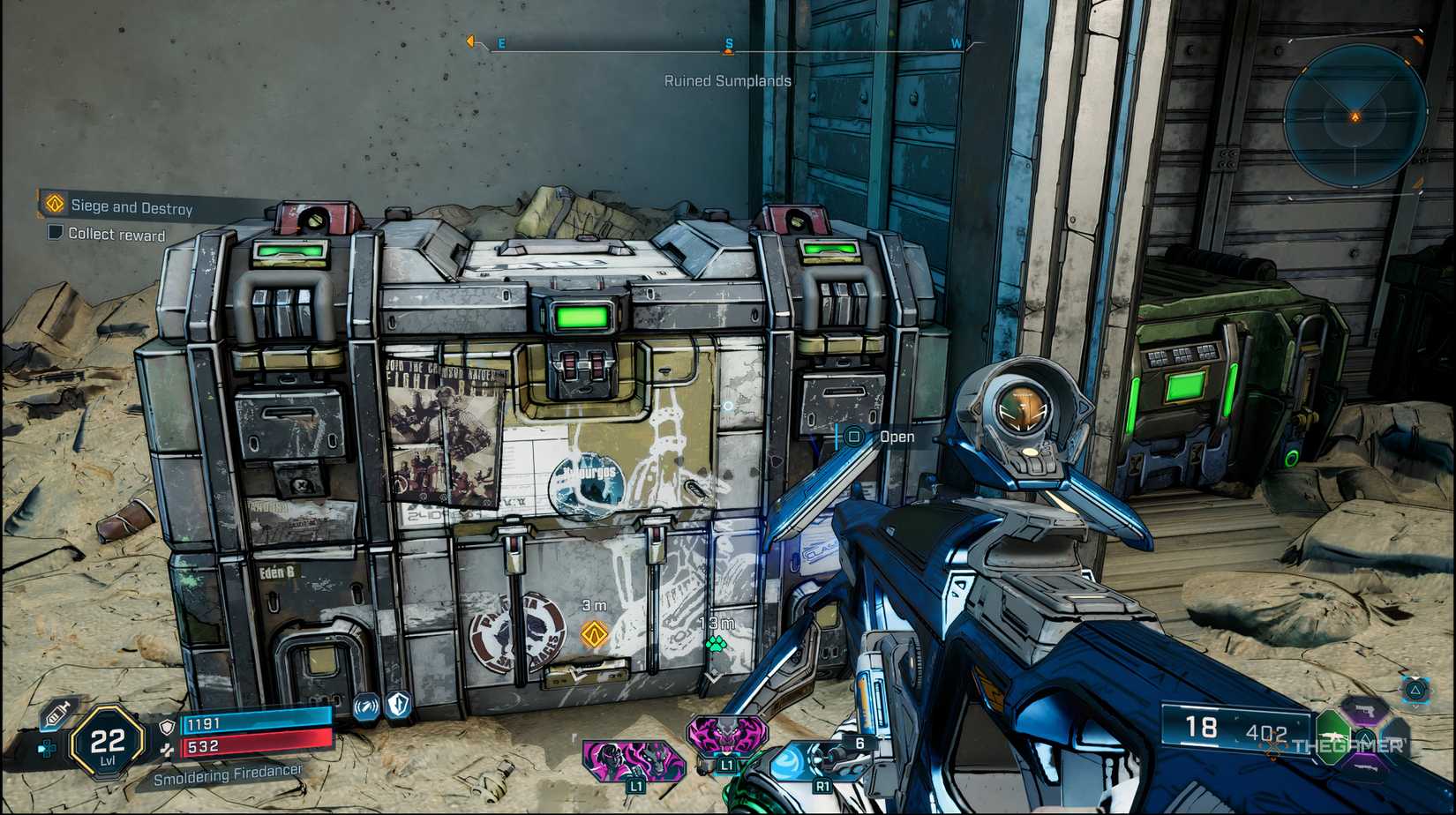 The player looking at the crate that has the reward inside in Borderlands 4.