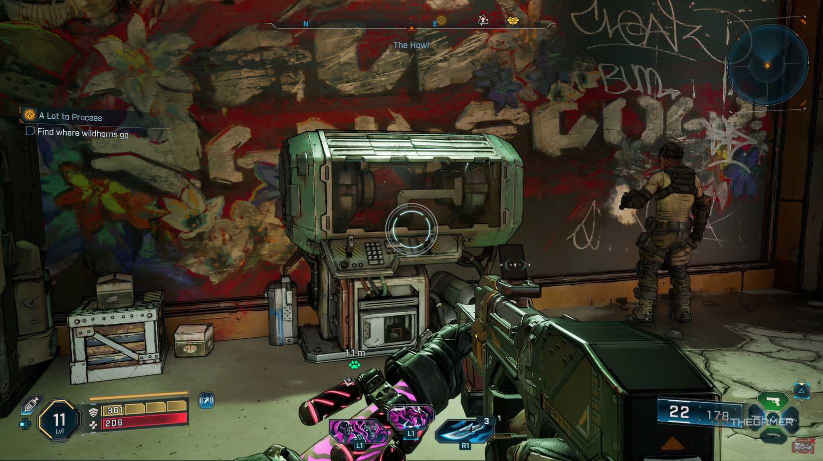 The player looking at an inactive Firmware Machine in Borderlands 4. There is an NPC to the right of the machine interacting with the wall infront of him.