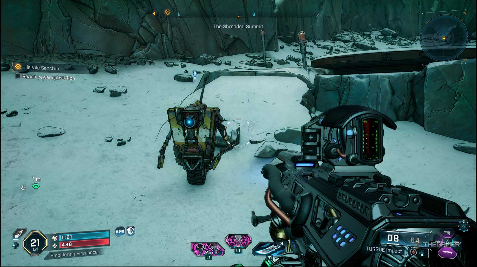 The player standing infront of a Claptrap with a rocks around him in Borderlands 4.