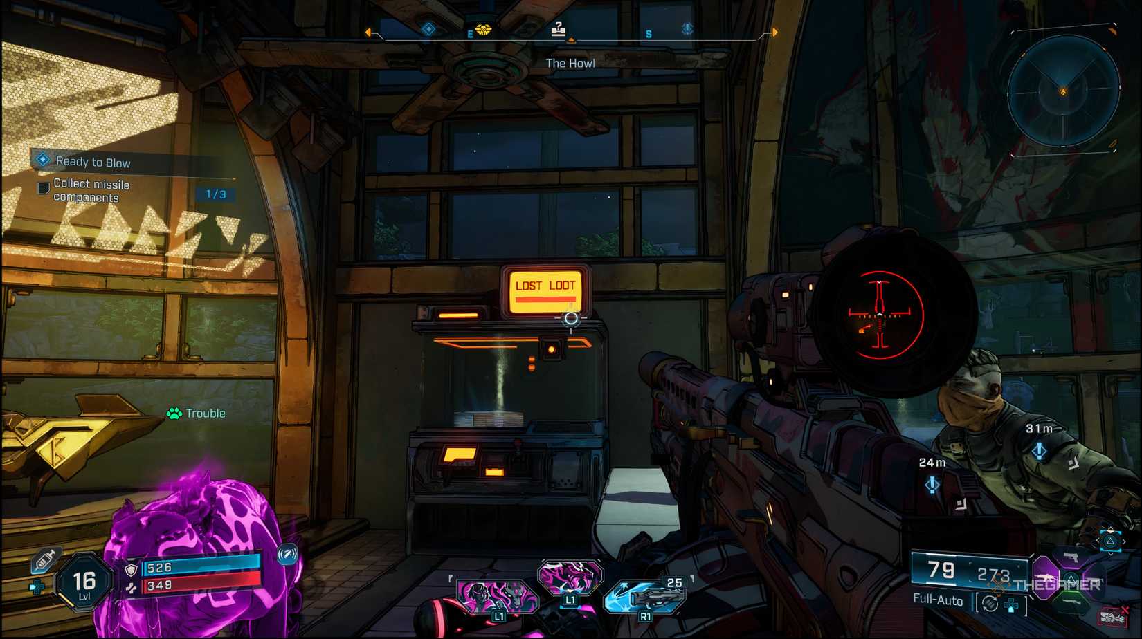 The player in a Faction Town looking at a fully loaded Lost Loot Machine in Borderlands 4.
