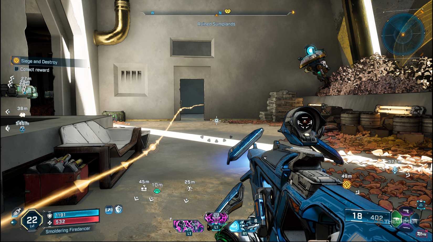 The player looking at the door leading outside with a gold trail showing the direction in Borderlands 4.