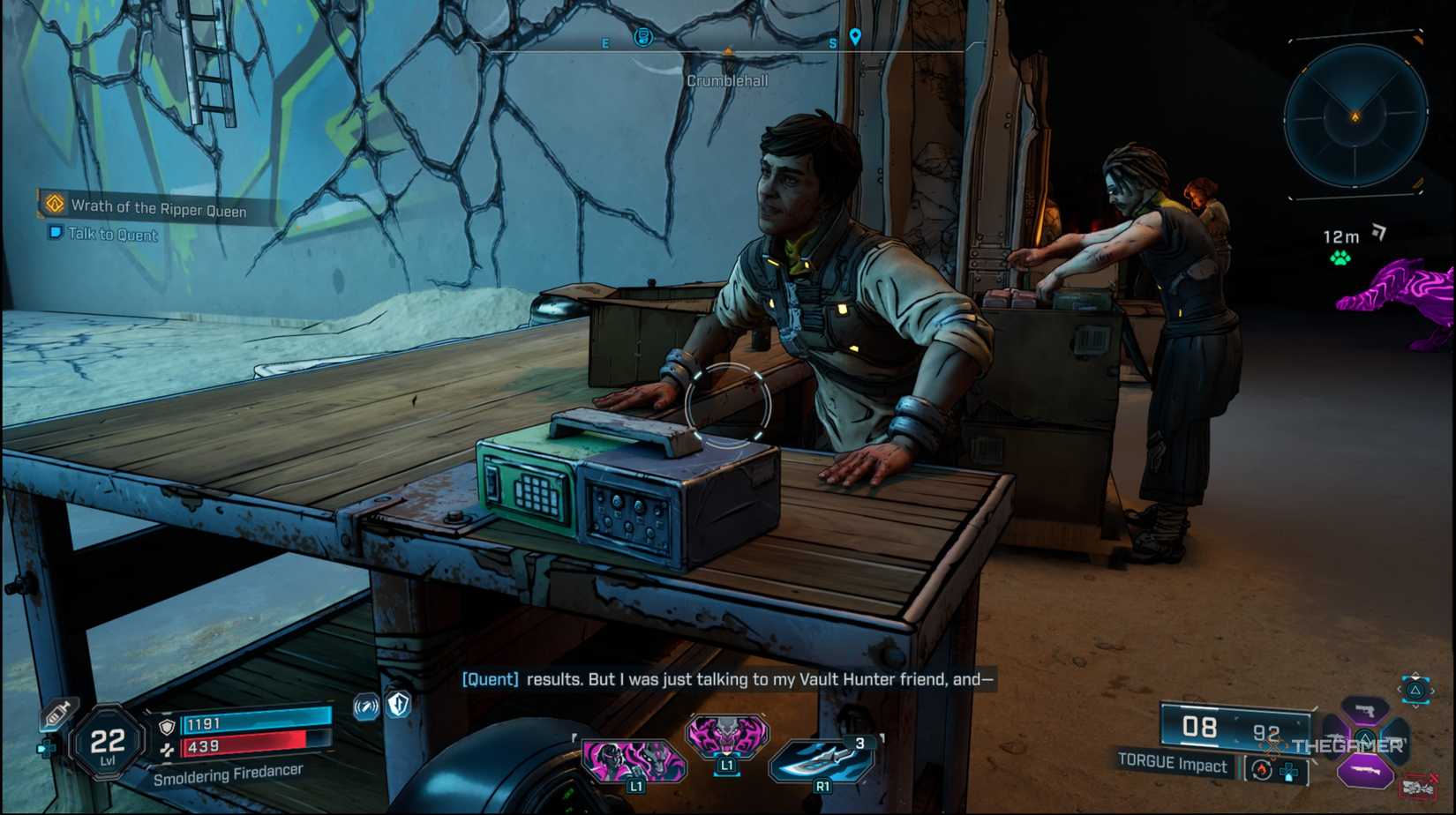 Quent using the machine on his desk to talk to Levaine in Borderlands 4