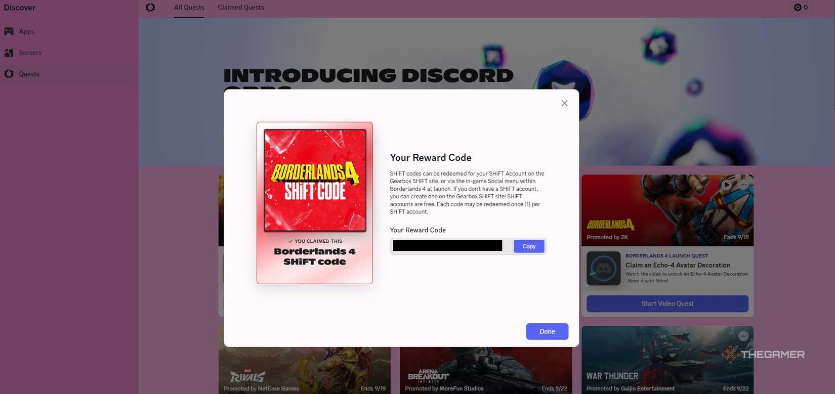 The Shift Code you are given from the Borderlands 4 Discord Quest.