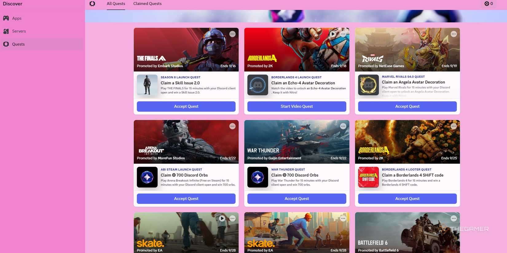 A list of the quests in Discord.