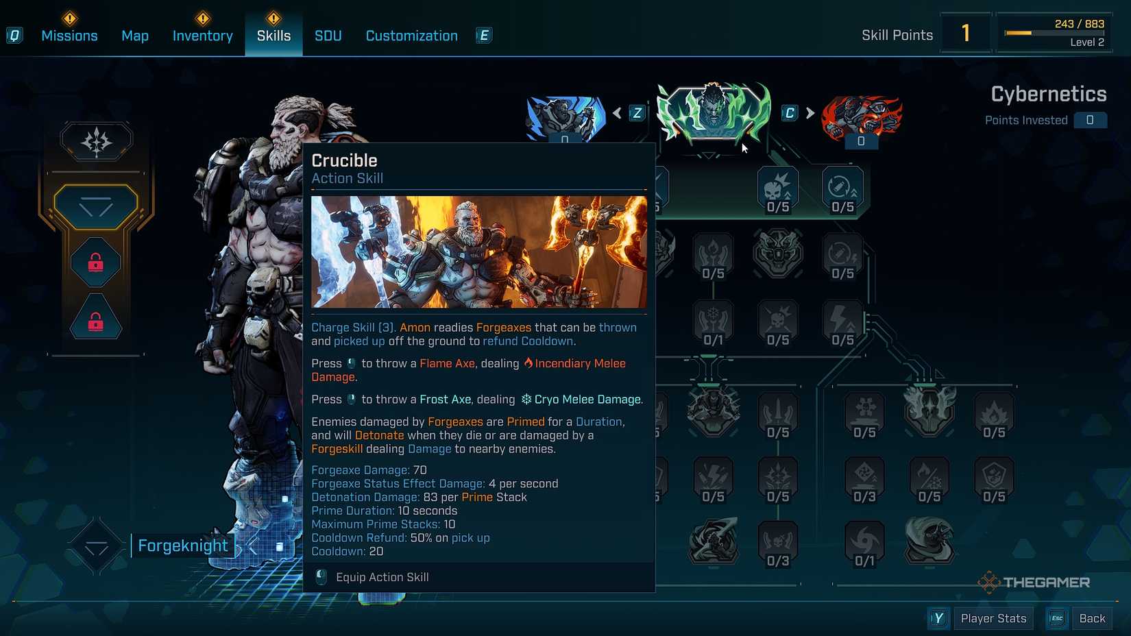Borderlands®4 Amon skill menu with the Cybernetics skill tree displayed.