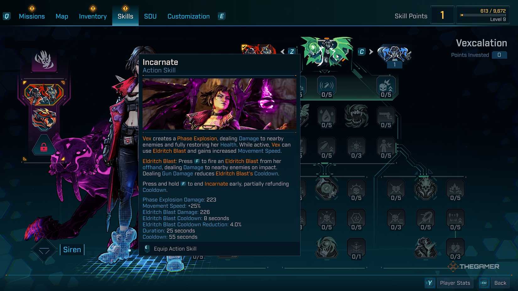 Borderlands®4 Vex skill menu with the Incarnate ability at the top.