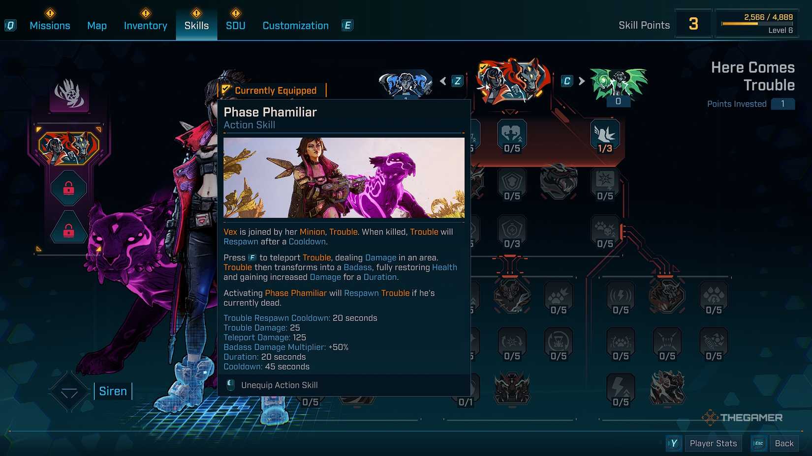 Borderlands®4 Vex skill menu with the Phase Phamiliar ability at the top.