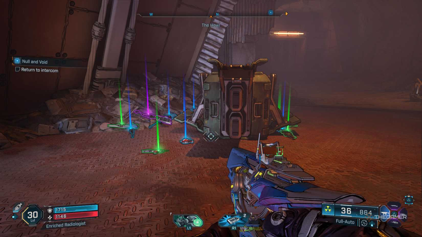 a pile of loot, color-coded by rarity, surrounds an opened survivalist cache in borderlands 4.