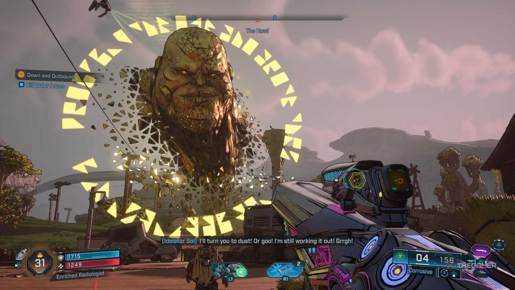 a hologram of idolator sol looms over the launchpad in borderlands 4.