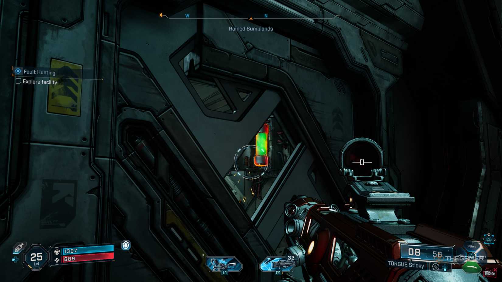 The player aims at the green switch to open the busted door in the Fault Hunting quest in Borderlands 4.