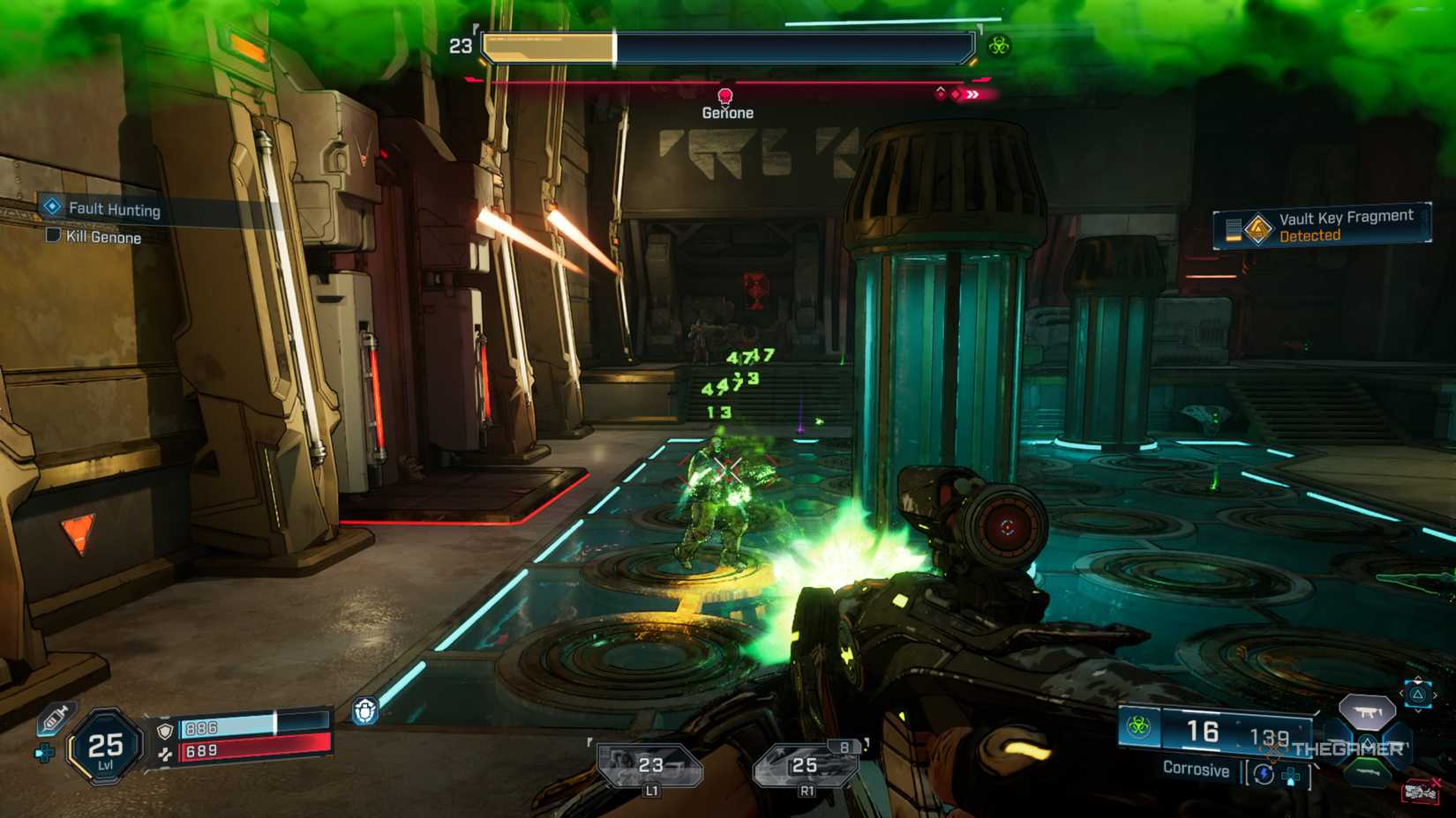 The player uses a Corrosive weapon on Genone during a boss fight in Borderlands 4.