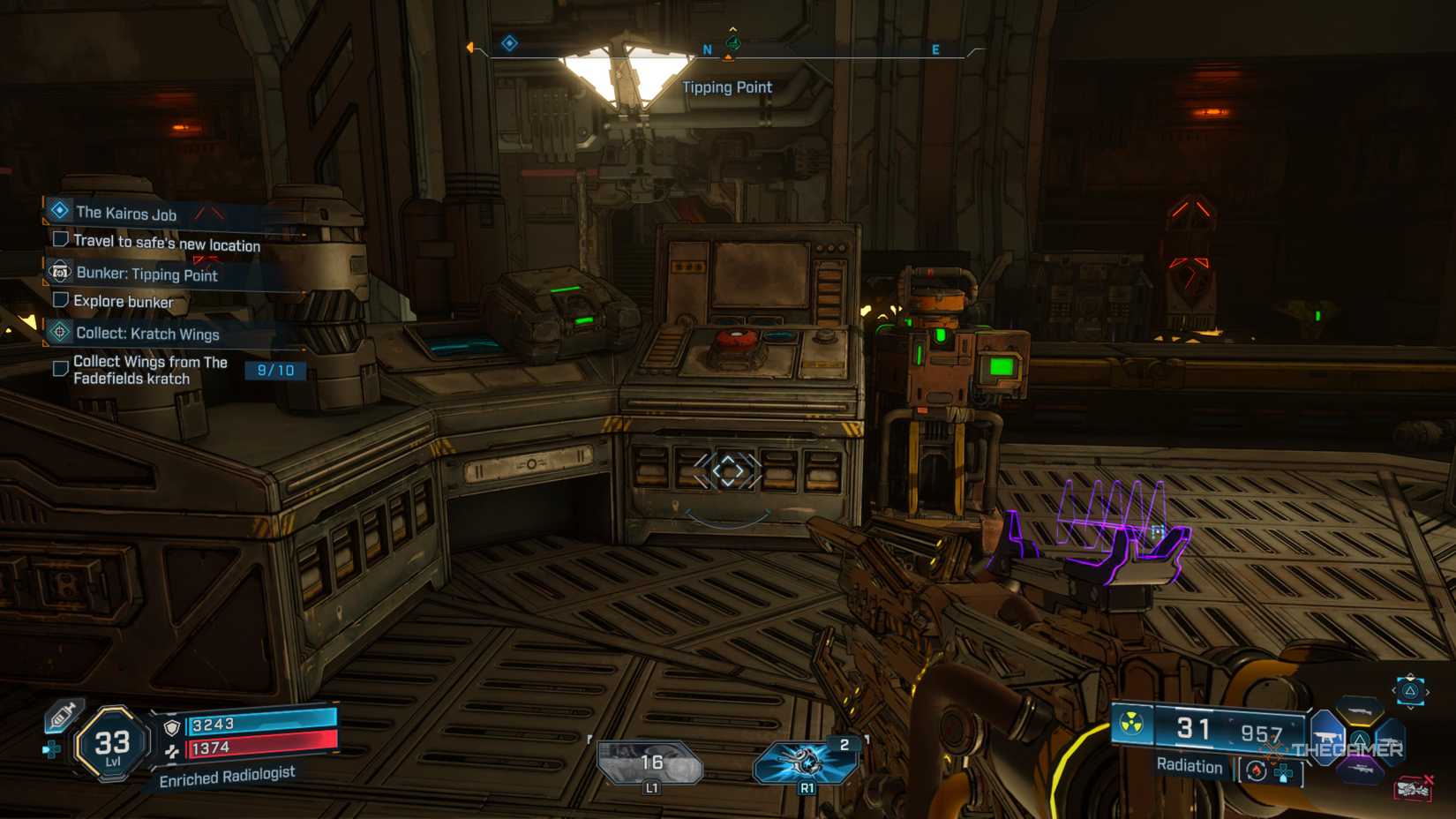 a powered console with a big red button sits at the center of a manufacturing facility in borderlands 4.