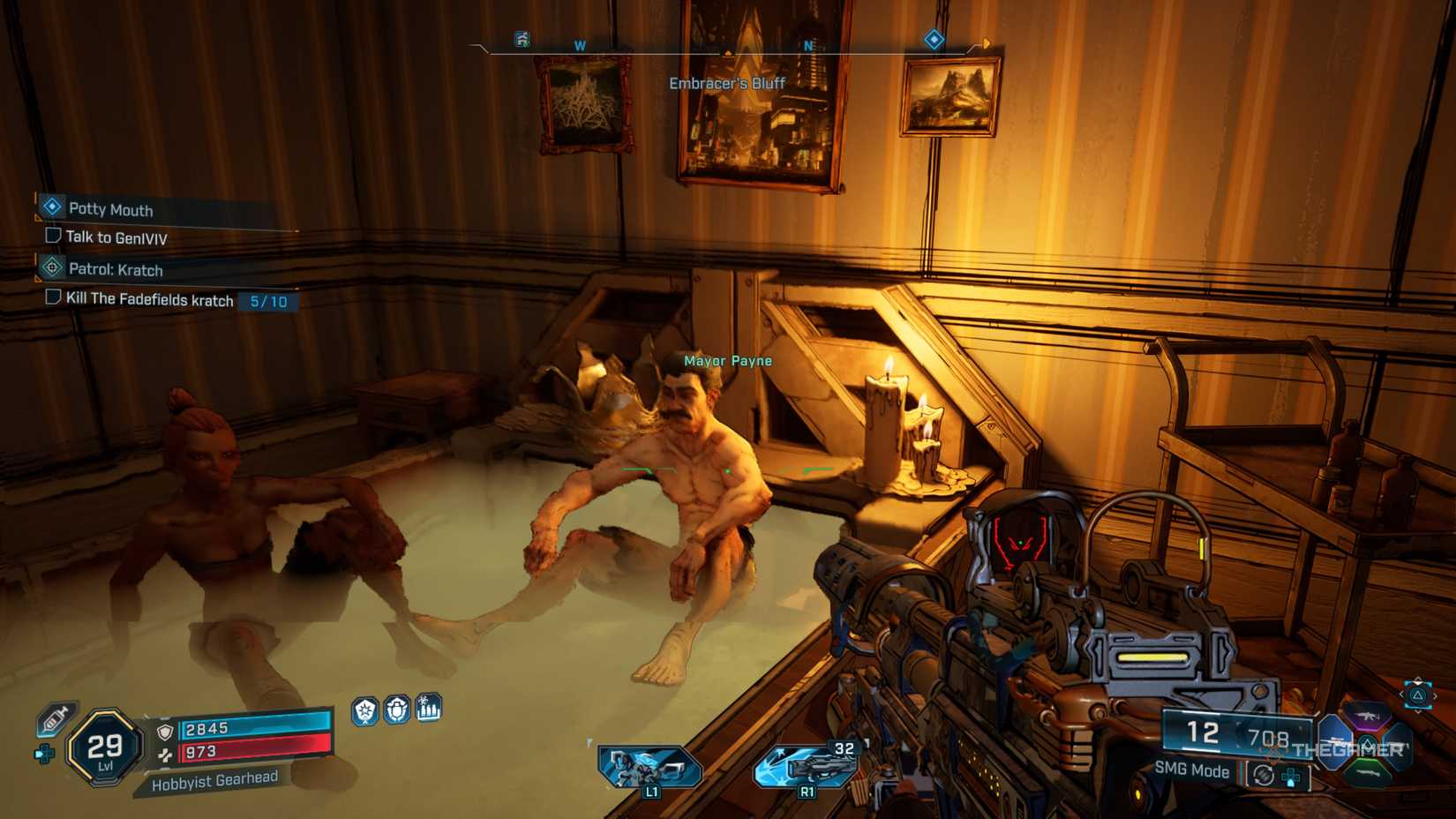 Mayor Payne sits in the bath in Borderlands 4.