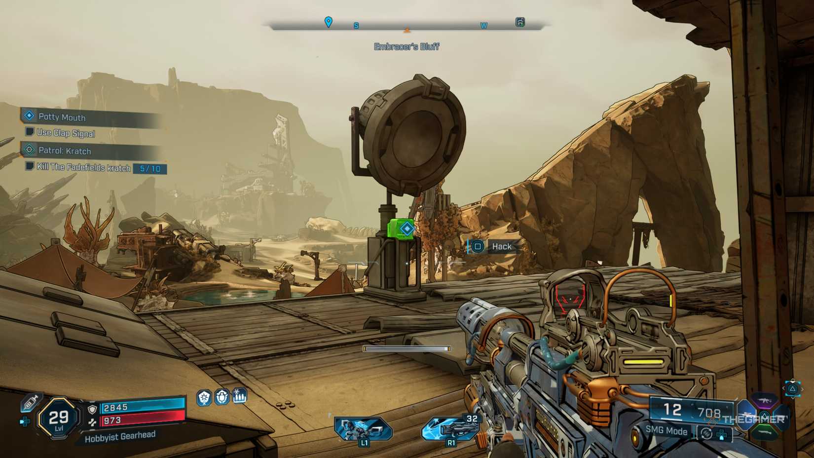 The player looks at the Clap Signal on top of the Mayor's house in Borderlands 4.