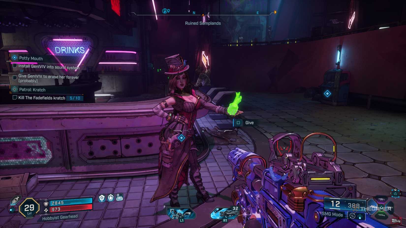 Moxxi holds out her hand so you can give her GenIVIV in Borderlands 4.