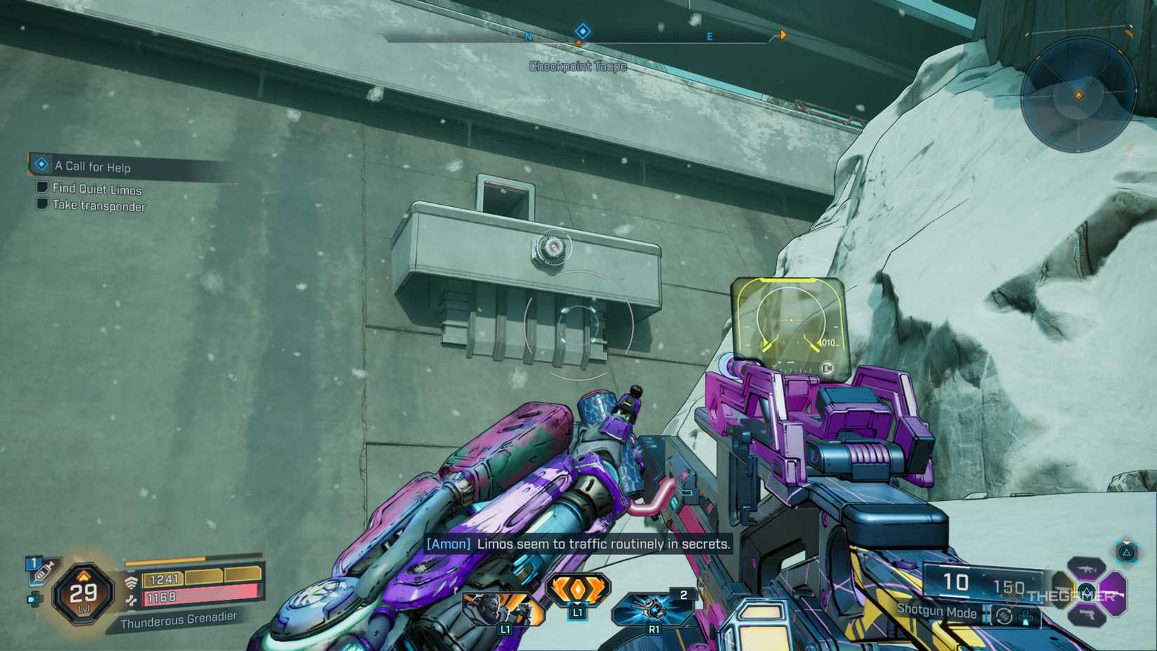 Amon looking up at Grapple Point leading to a vent in the wall of Checkpoint Taupe in Borderlands 4.