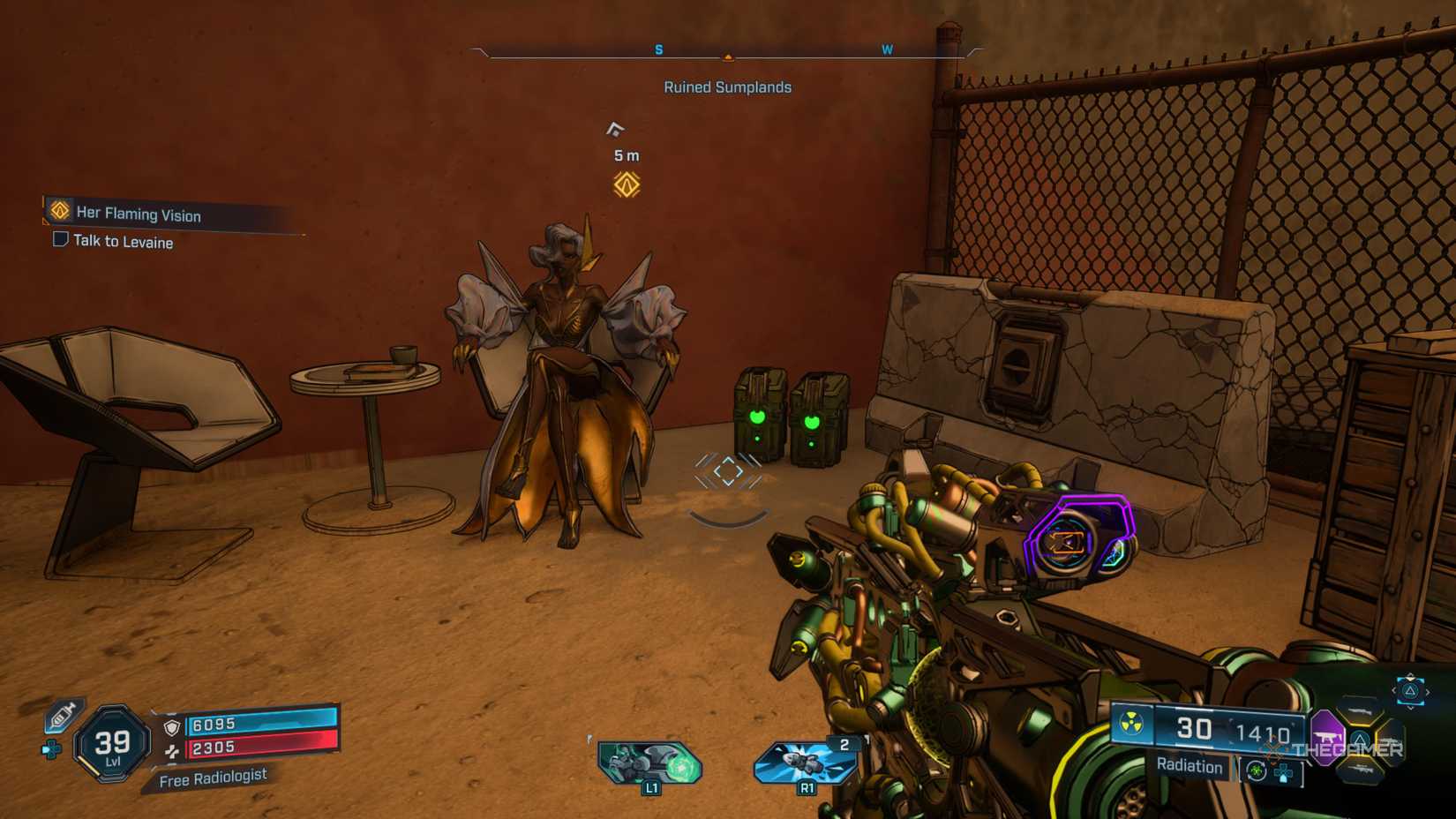 Levaine sits outdoors with her legs crossed next to a chain-link fence in borderlands 4.